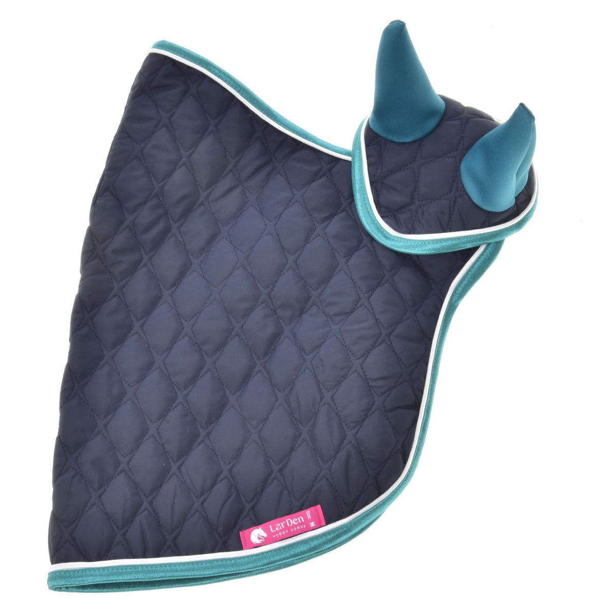 The Set Supreme Turquoise by Hobby Horse LarDen is a quilted navy dog coat with turquoise trim, two pointed ear covers, and a pink Lazy Den label, shown laid flat on a white background.