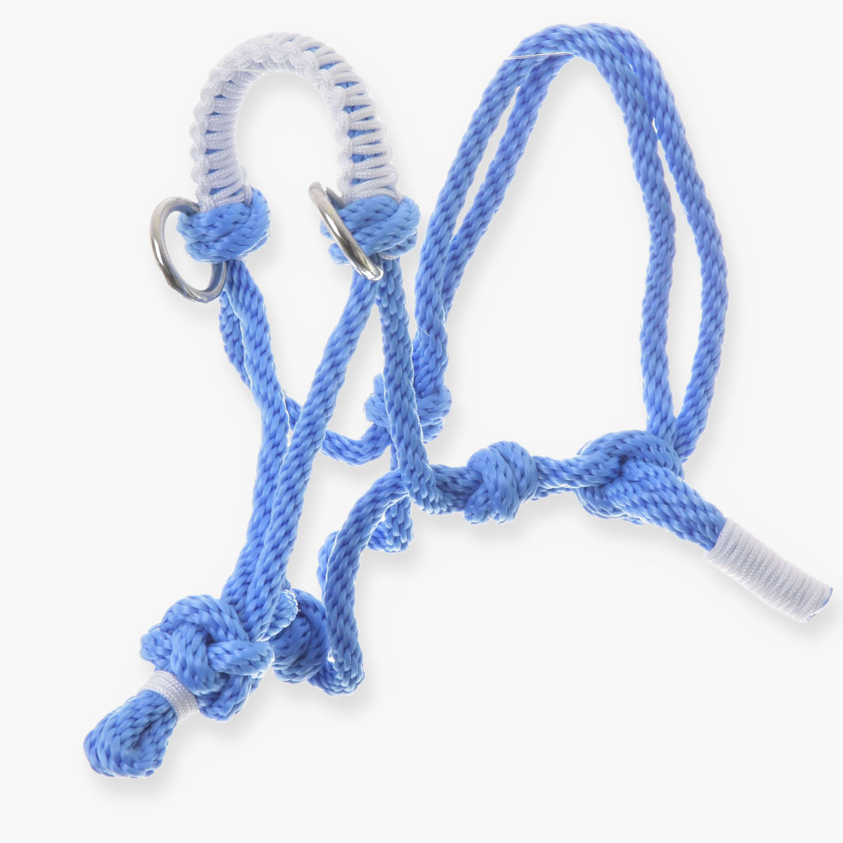 Rope halter Sky by Hobby Horse LarDen is a blue polypropylene rope halter with white accents and metal rings, shown on a white background. Designed for hobby horses, it features multiple knots and loops for easy handling.