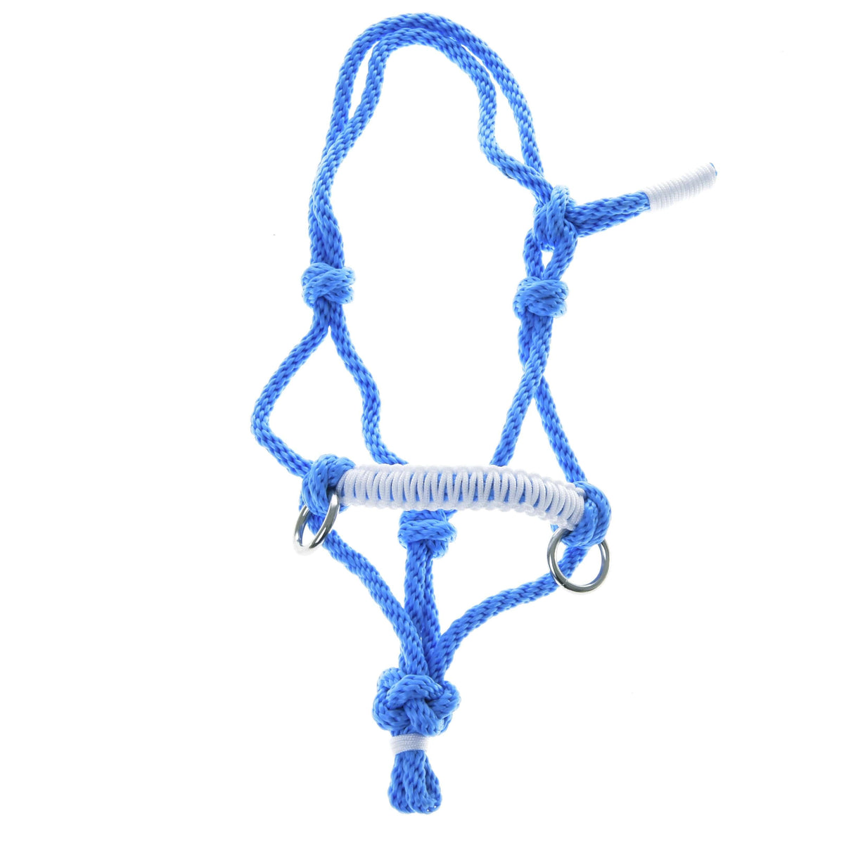 The Rope halter Sky by Hobby Horse LarDen is a blue, durable polypropylene rope halter with white wrap detail and metal rings, designed as a stylish hobby horse accessory and shown against a white background.