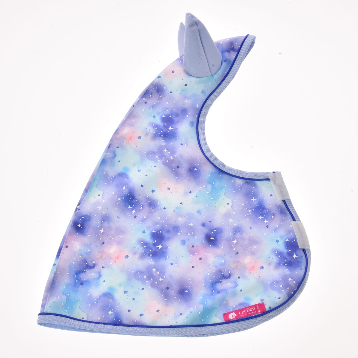 The Hobby Horse LarDen "Raincoat Space" is a pastel, galaxy-patterned bib with a unicorn horn and ears, lavender trim, and Velcro straps—perfect for adding whimsy to your hobby horse accessories.
