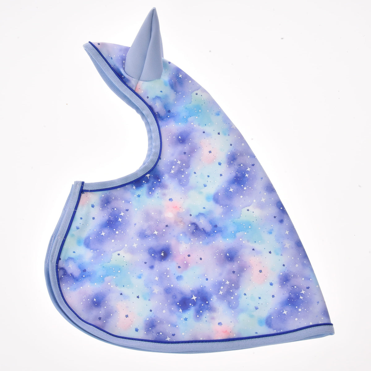 The Hobby Horse LarDen Raincoat Space features a pastel galaxy pattern with white stars, a unicorn horn on top, and light blue trim on white. This whimsical all-weather raincoat doubles as a cute hobby horse accessory.