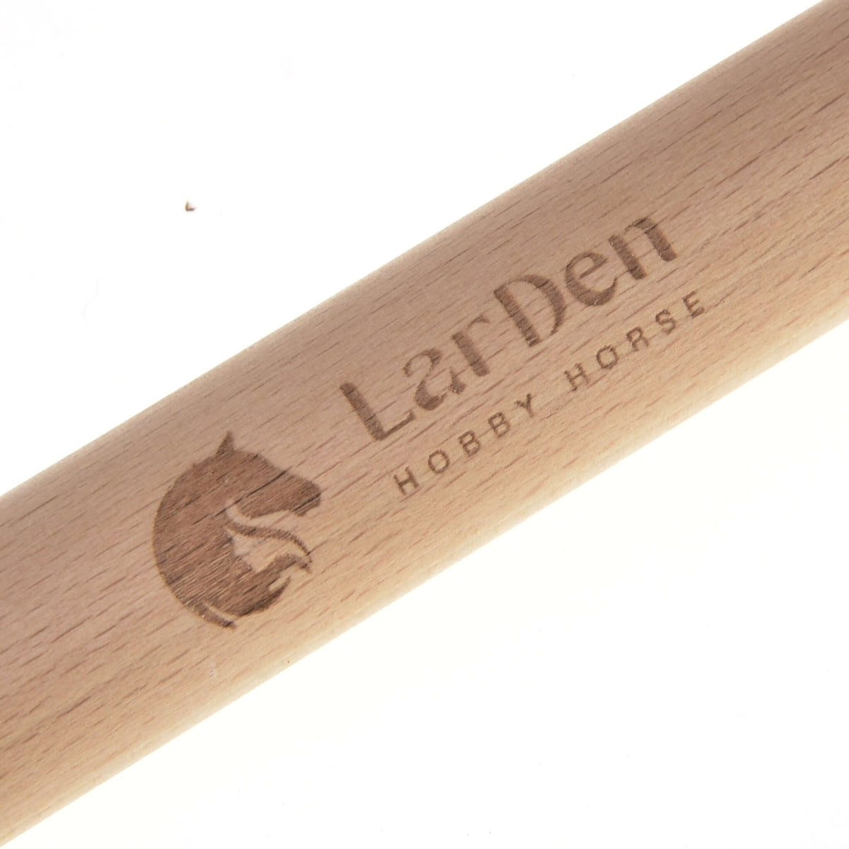 Close-up of the Lower stick Extended with the engraved LarDen Hobby Horse logo and horse head in the light wood