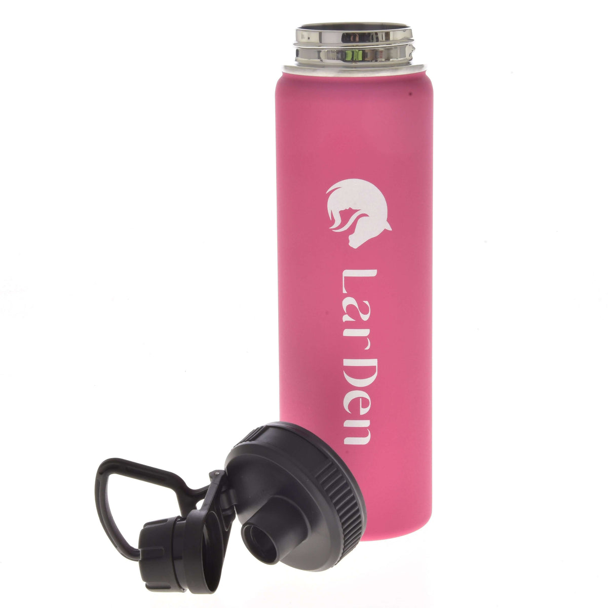 A pink Sports Bottle LarDen by Hobby Horse LarDen, double-walled stainless steel, silver screw-on lid, white logo and text. Comes with black detachable spout lid with handle. Leak-proof. Both lids shown on a white background.