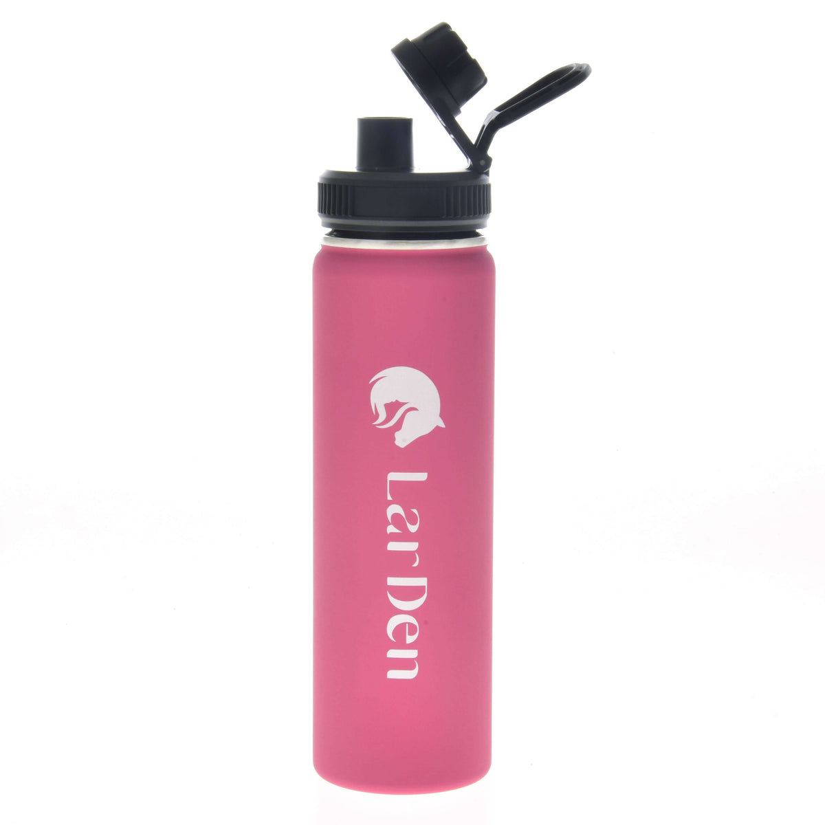 A pink Sports Bottle LarDen by Hobby Horse LarDen featuring a black flip-top lid and a white fox logo above the vertical LarDen text. Made from double-walled stainless steel for excellent insulation.