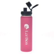 A pink Sports Bottle LarDen by Hobby Horse LarDen featuring a black flip-top lid and a white fox logo above the vertical LarDen text. Made from double-walled stainless steel for excellent insulation.