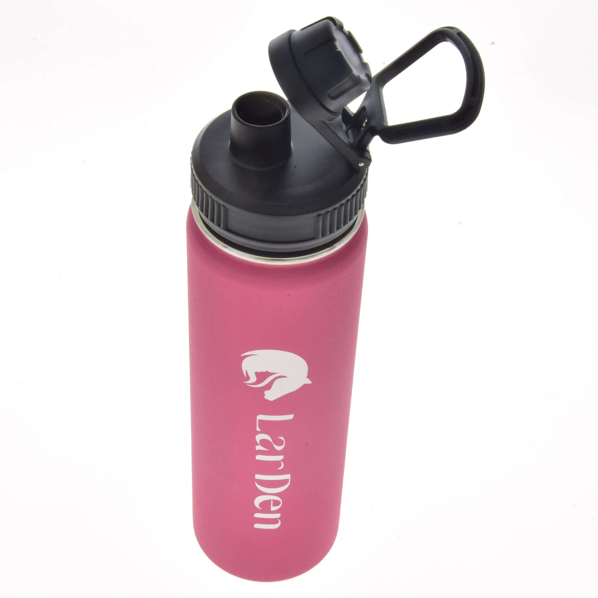 The pink Sports Bottle LarDen by Hobby Horse LarDen features a black flip-top lid, handle, white "La Den" text, and bear logo. Made of double-walled stainless steel for leak-proof hydration on the go.