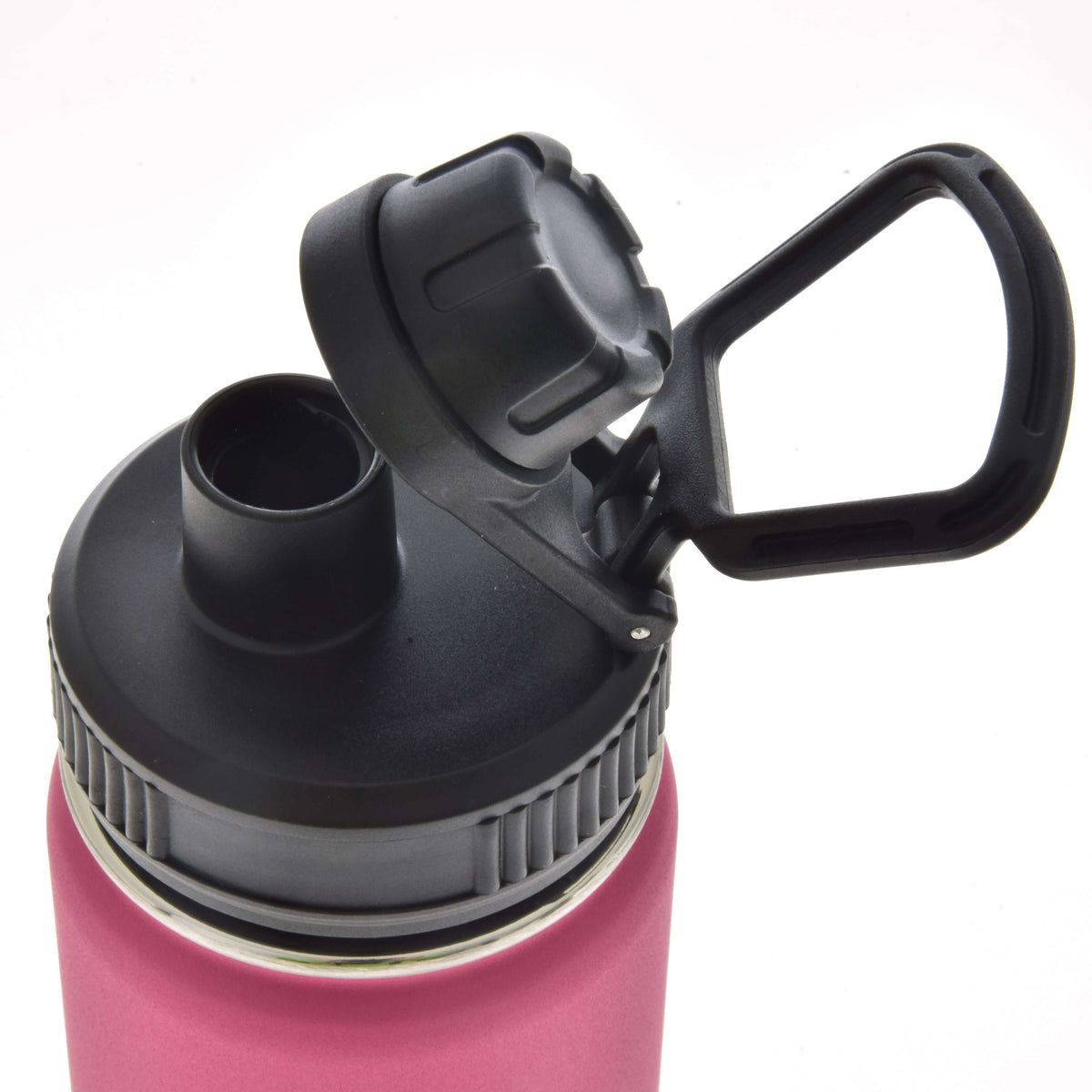 A close-up of the top of a pink Hobby Horse LarDen Sports Bottle with a black, leak-proof screw-on lid, open flip-up spout, and attached handle. The open lid reveals the drinking spout.