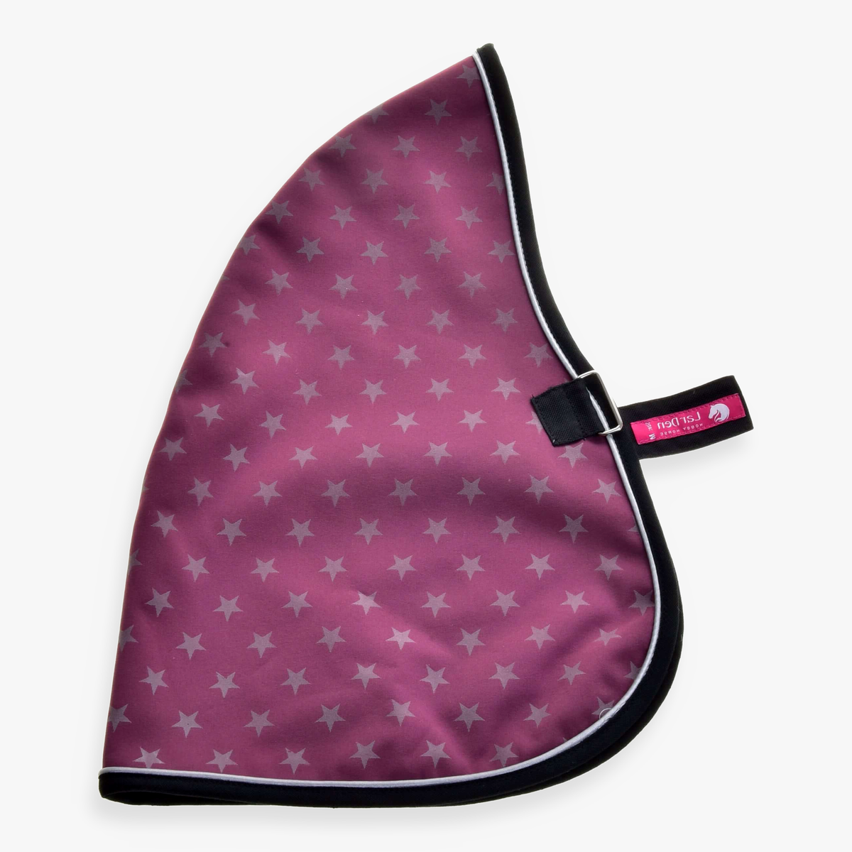 The Stable Blanket Purple by Hobby Horse LarDen features light gray stars, black trim, and a black strap with a pink label, shown on a white background.
