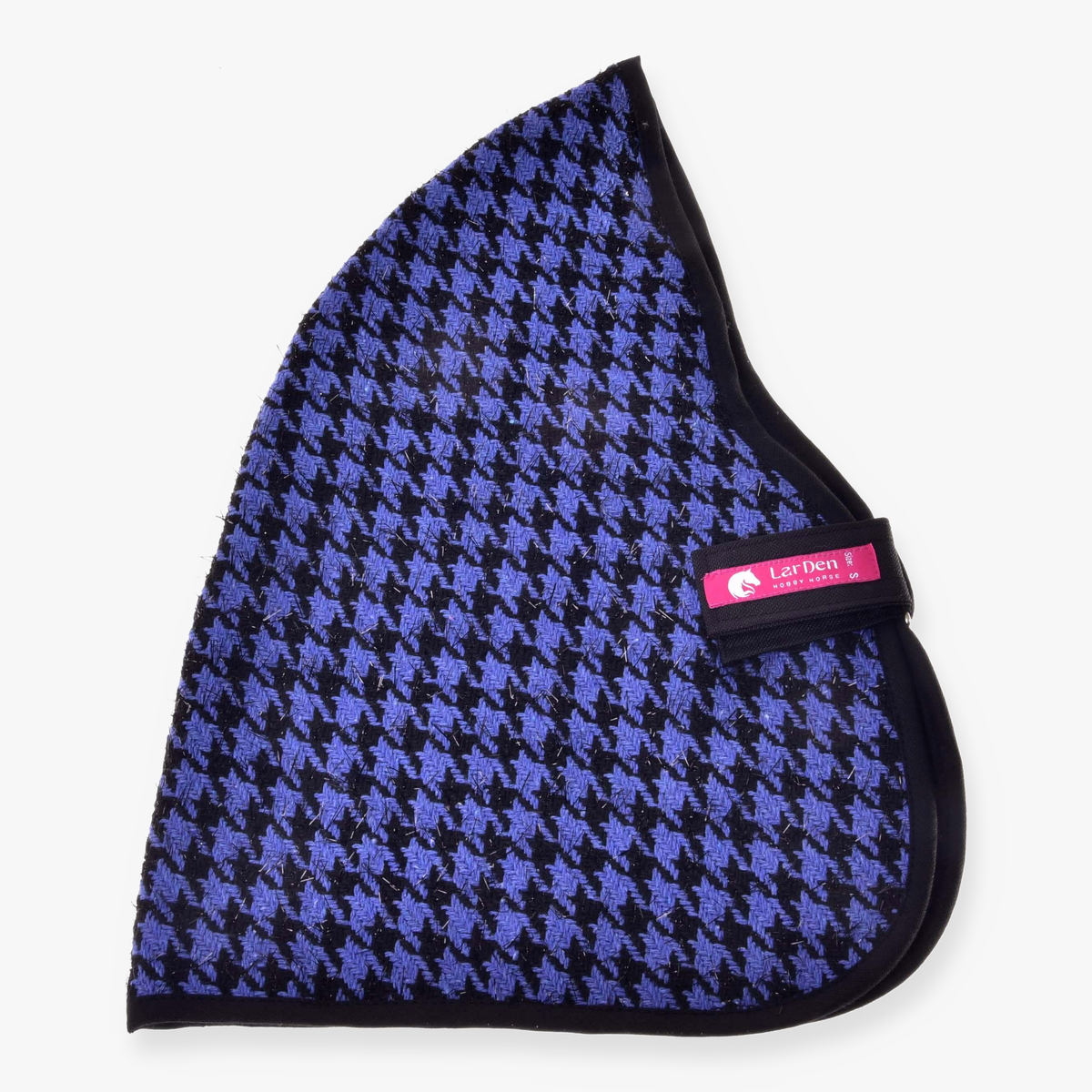 A blue and black houndstooth-patterned horse ear bonnet with black trim and a pink tag, perfect for pairing with your Hobby Horse LarDen Stable Blanket Blue during horse training or hobby horse activities.