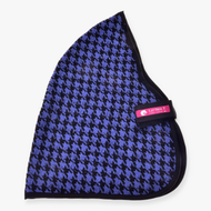 A blue and black houndstooth-patterned horse ear bonnet with black trim and a pink tag, perfect for pairing with your Hobby Horse LarDen Stable Blanket Blue during horse training or hobby horse activities.