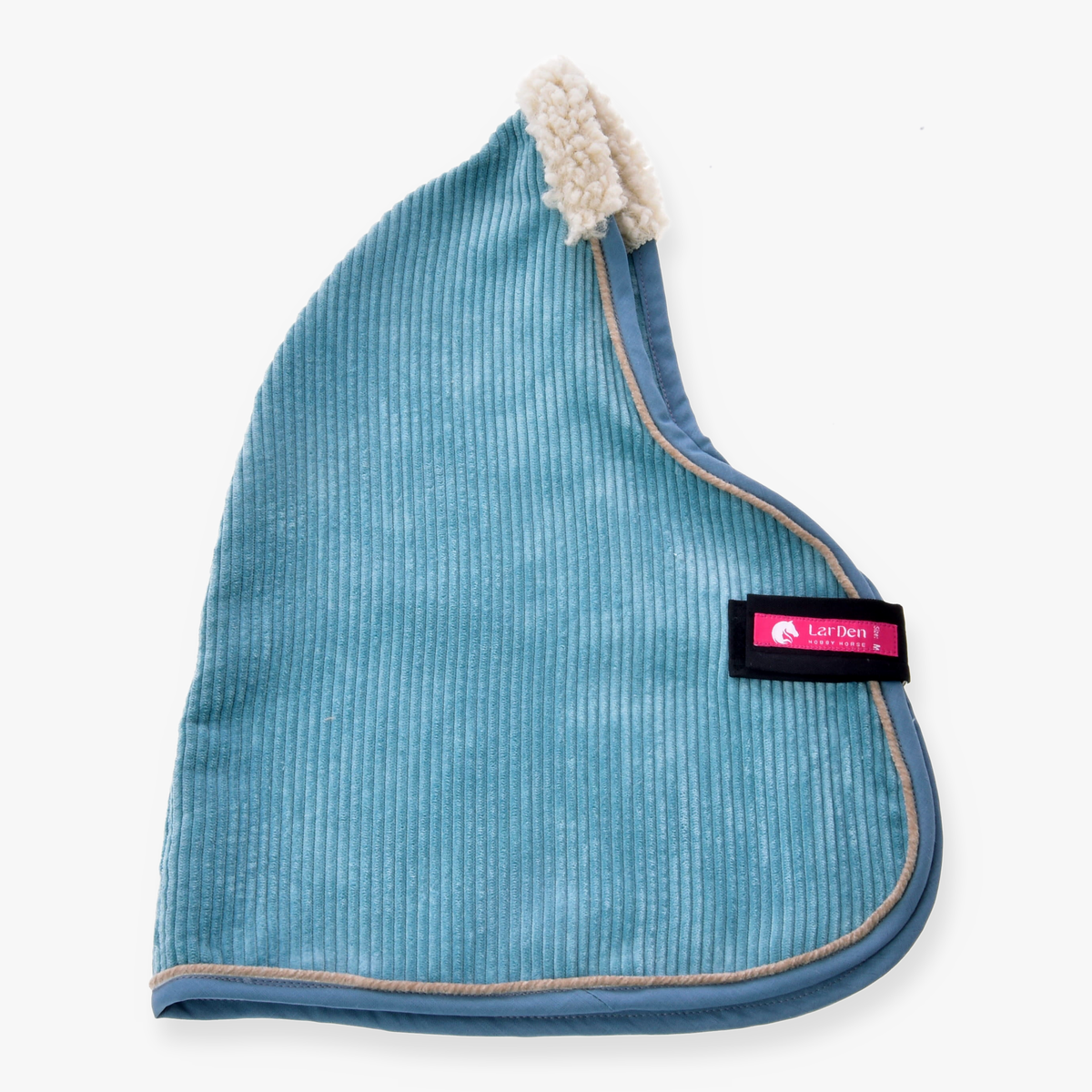 The Stable Blanket Fern by Hobby Horse LarDen is a light blue corduroy hood with beige trim and a fluffy cream top, featuring a pink and black Lani Ben label, styled like a Hobby Horse blanket and shown on a white background.