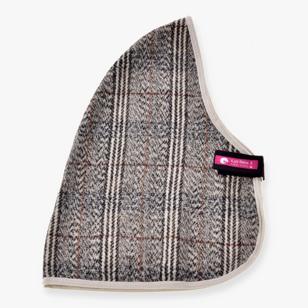 A gray and beige plaid ear cover with white trim and a pink LeMieux tag, shown on a white background—ideal for pairing with your Hobby Horse LarDen Stable Blanket Fine Check.