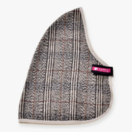 A gray and beige plaid ear cover with white trim and a pink LeMieux tag, shown on a white background—ideal for pairing with your Hobby Horse LarDen Stable Blanket Fine Check.