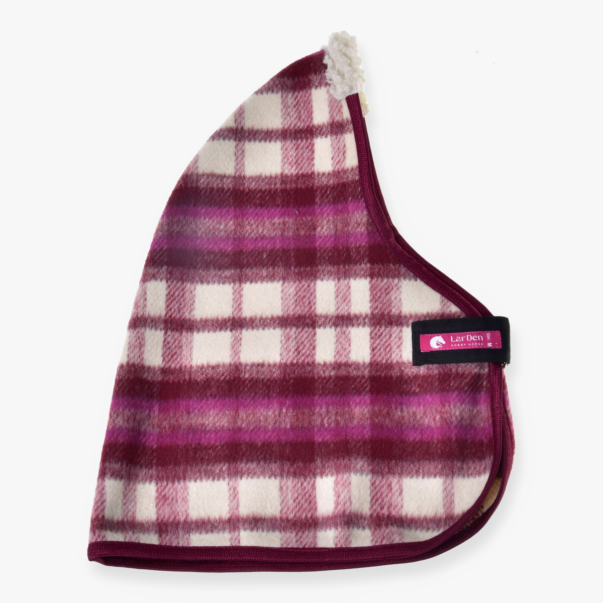 The Stable Blanket LarDen by Hobby Horse LarDen is a maroon, pink, and white plaid fleece dog coat with a cream sherpa-lined neck and black “LarlDen” label, shown against a white background.