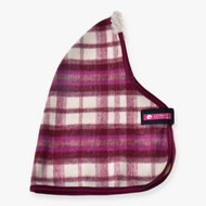 The Stable Blanket LarDen by Hobby Horse LarDen is a maroon, pink, and white plaid fleece dog coat with a cream sherpa-lined neck and black “LarlDen” label, shown against a white background.