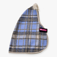 The Stable Blanket Light Blue by Hobby Horse LarDen is a triangular blue and beige plaid fleece hat with cream trim, a fluffy white tip, and a pink and black “Cat Den” tag on one side, inspired by cozy horse blankets.