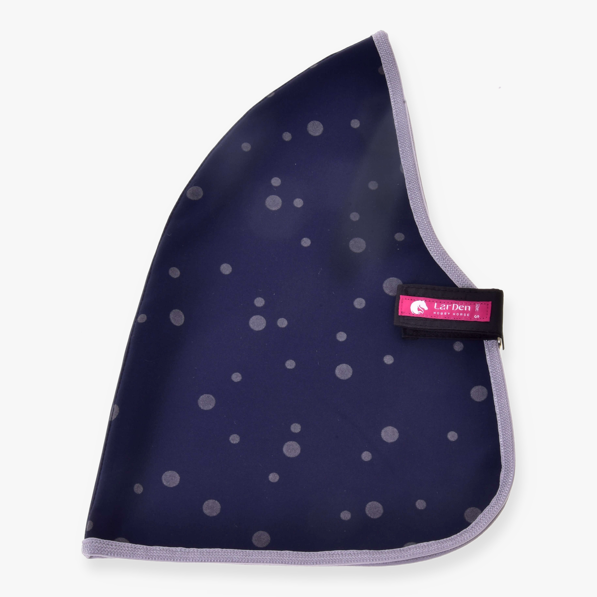 Hobby Horse Stable Blanket Night Sky by LarDen in navy with grey dots, light grey trim and a pink label, laid flat