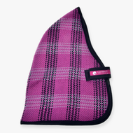 The Hobby Horse LarDen Stable Blanket Pink is a pink and black plaid triangle with black trim, a curved edge, black strap, and pink Laz Bien label—ideal for your favorite hobby horse.