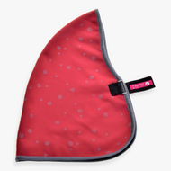 The Stable Blanket Raspberry by Hobby Horse LarDen is a red fabric blanket with grey trim and small grey polka dots, featuring a black strap with a pink label. Shown laid flat on a white background.
