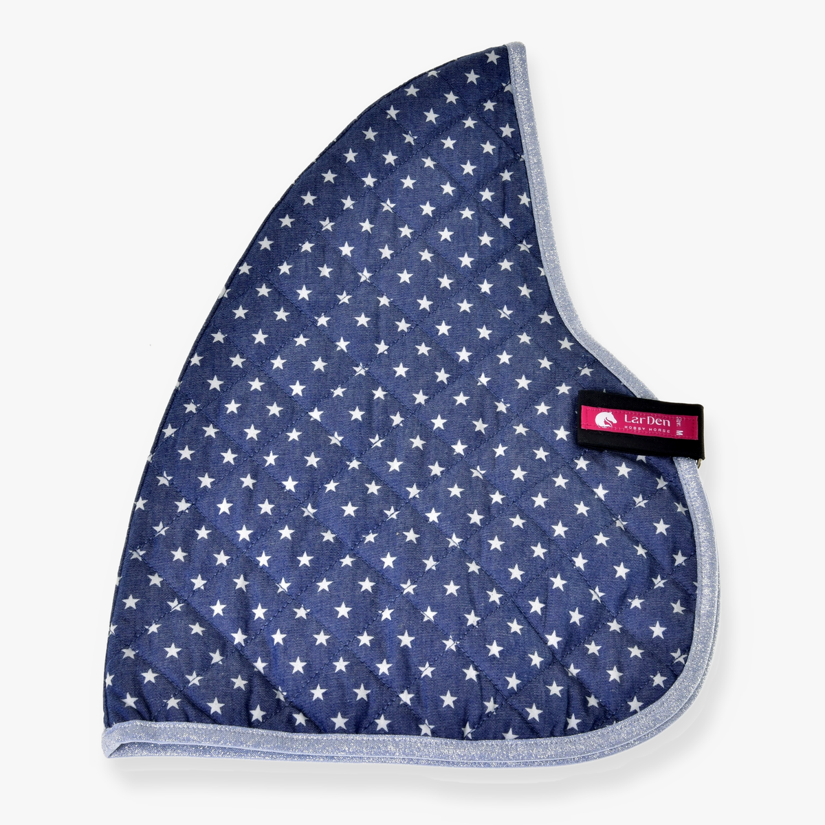 The Stable Blanket Star by Hobby Horse LarDen features blue quilted fabric adorned with white stars and a distinctive large leaf or wing shape, complete with a branded label on the right edge. This unique design makes it an ideal and stylish choice for horse protection.