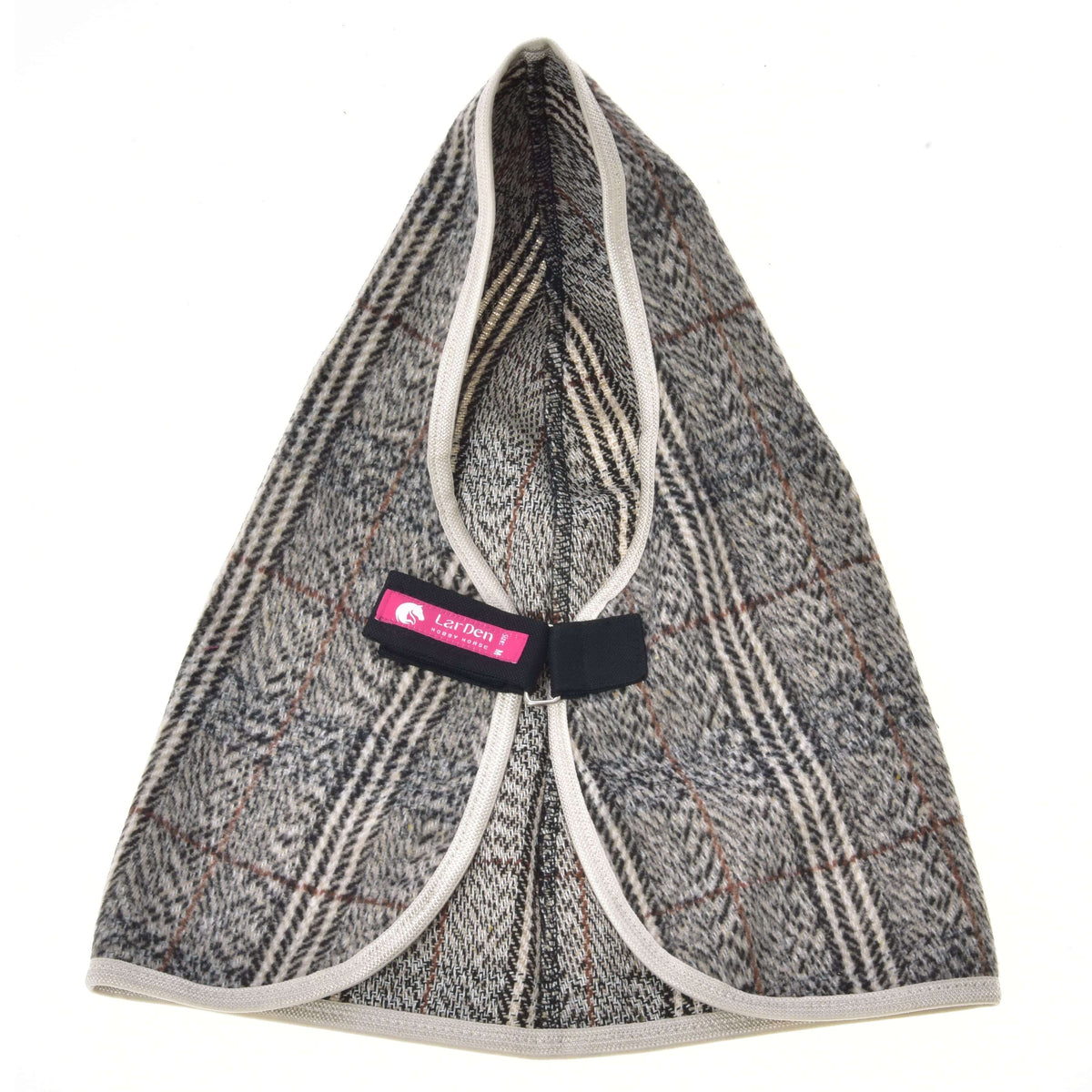 The Stable Blanket Fine Check by Hobby Horse LarDen is a gray plaid pet coat with beige trim, shown flat on a white background. Inspired by hobby horse blankets, it features a Velcro closure and a pink Lai Pet brand tag.