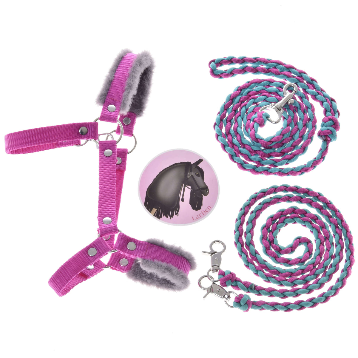 The Hobby Horse LarDen Set Perfect Combination Pink includes a pink and grey fur-padded halter, two braided blue and pink lead ropes with silver clasps, and a round badge with a black horse on pink—ideal accessories for hobby horses.