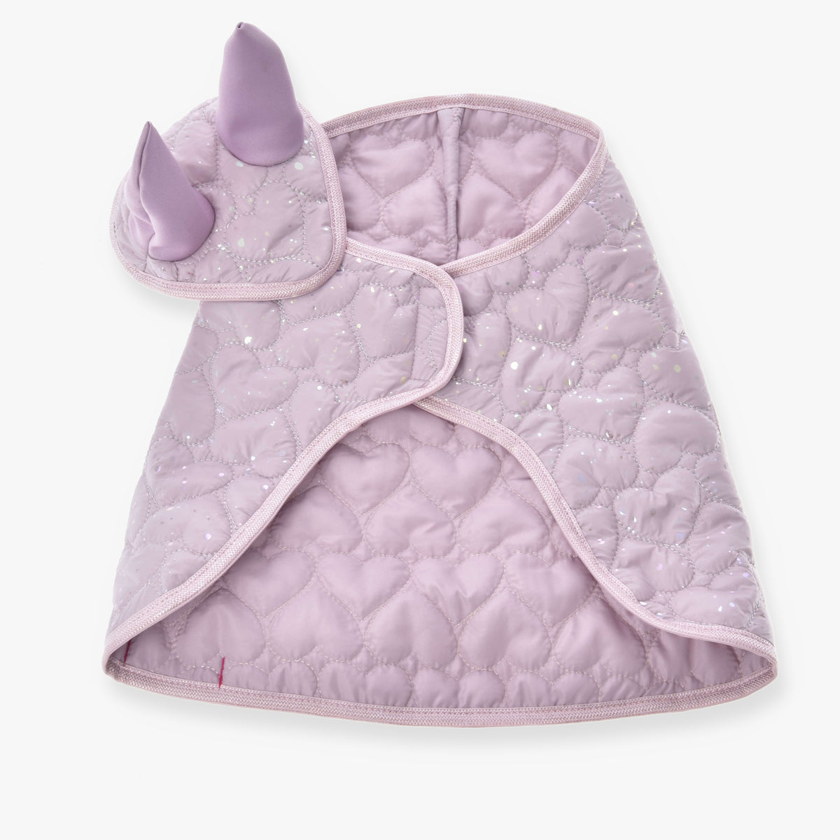 The Set Sweetest Heart by Hobby Horse LarDen is a quilted, light purple pet cape with two lavender horns and a heart-patterned, subtly sparkly texture, reminiscent of a whimsical hobby horse blanket, displayed flat on a white background.