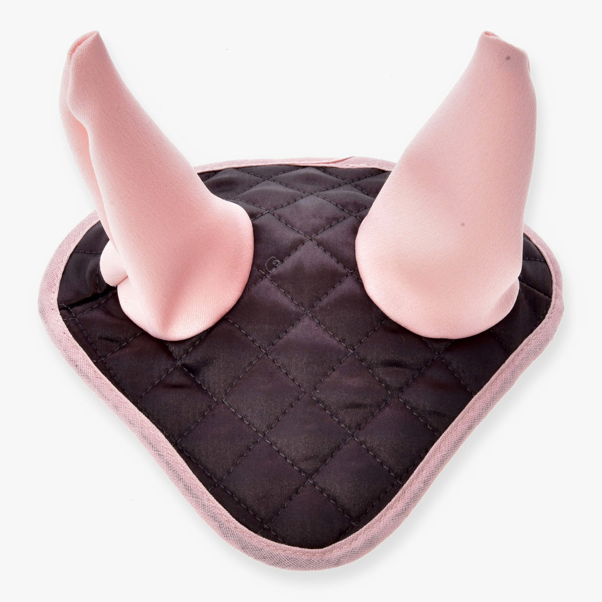 The Hobby Horse LarDen Ear Bonnet Chocolate features quilted black and pink fabric with two large, upright, soft pink ears—ideal as a stylish Hobby Horse accessory or for insect protection.