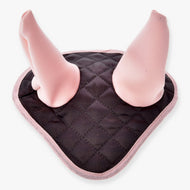 The Hobby Horse LarDen Ear Bonnet Chocolate features quilted black and pink fabric with two large, upright, soft pink ears—ideal as a stylish Hobby Horse accessory or for insect protection.