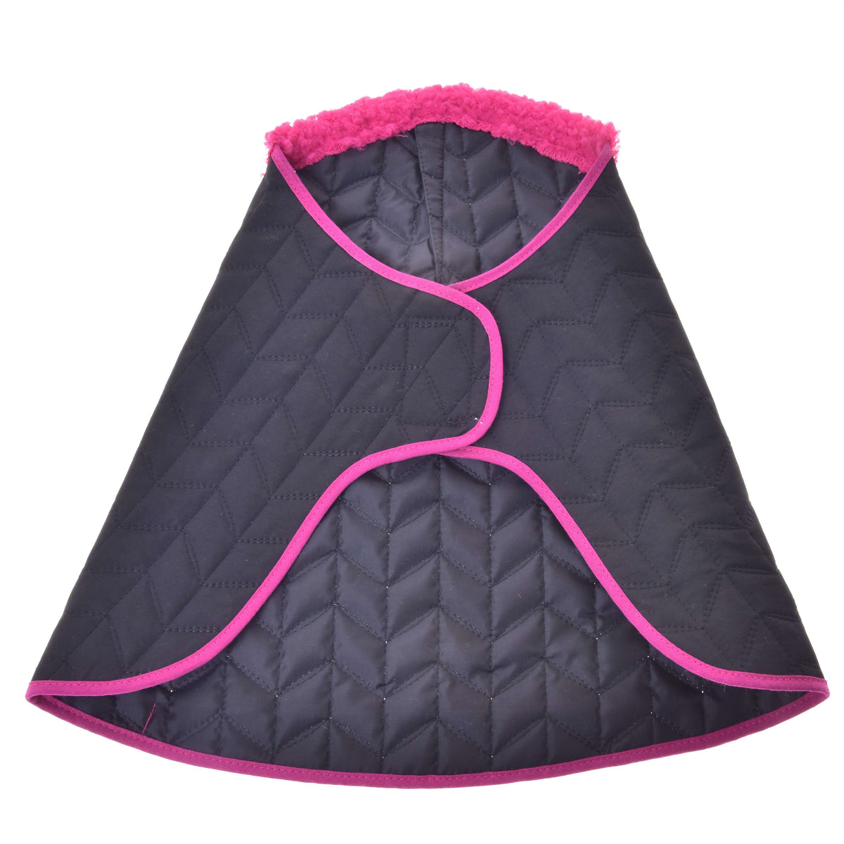 Quilted black Hobby Horse blanket from the set laid open, with bright pink binding and a pink fur collar