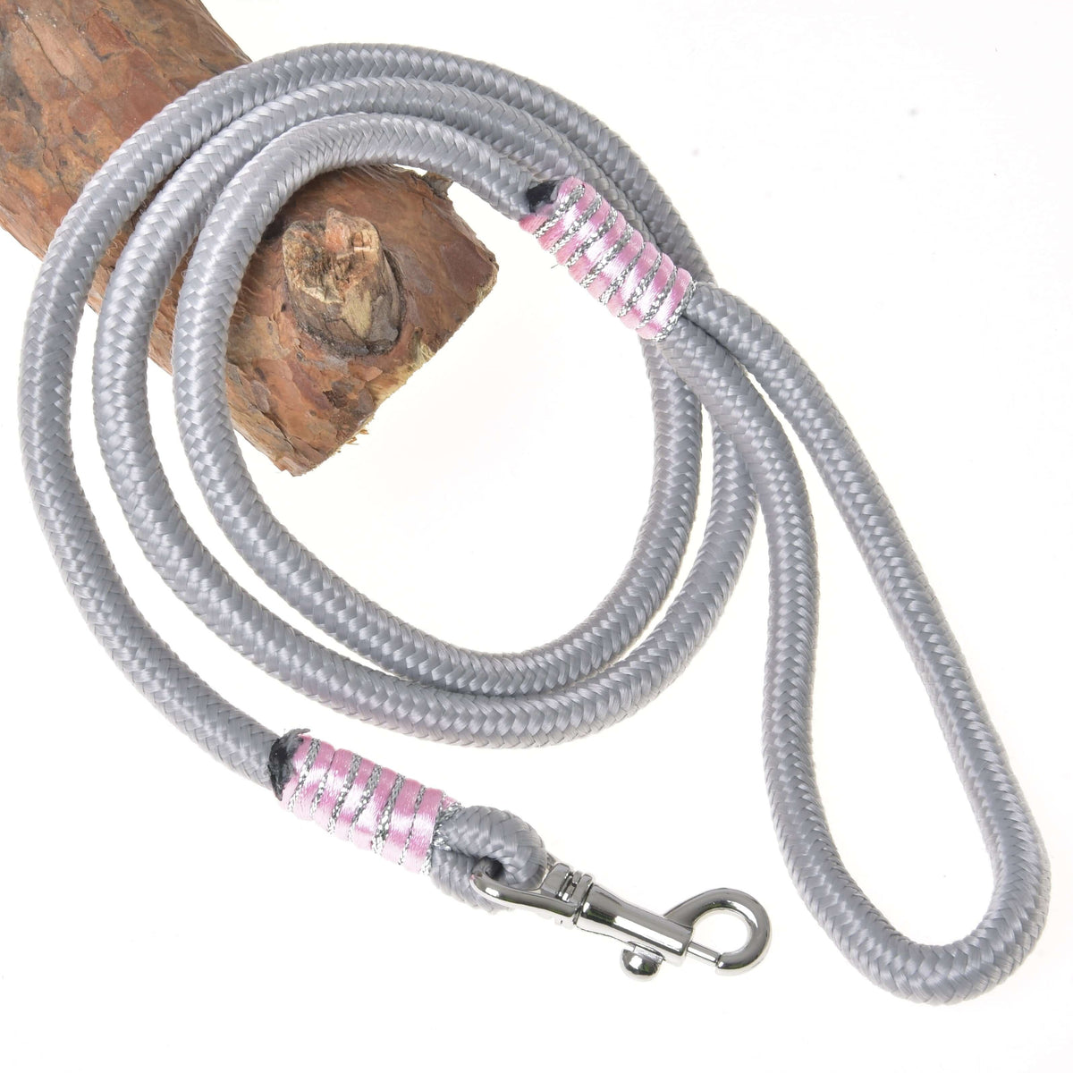 Hobby Horse rope stripe Tizian by LarDen, light grey lead rope with pink and silver wraps and a silver snap hook