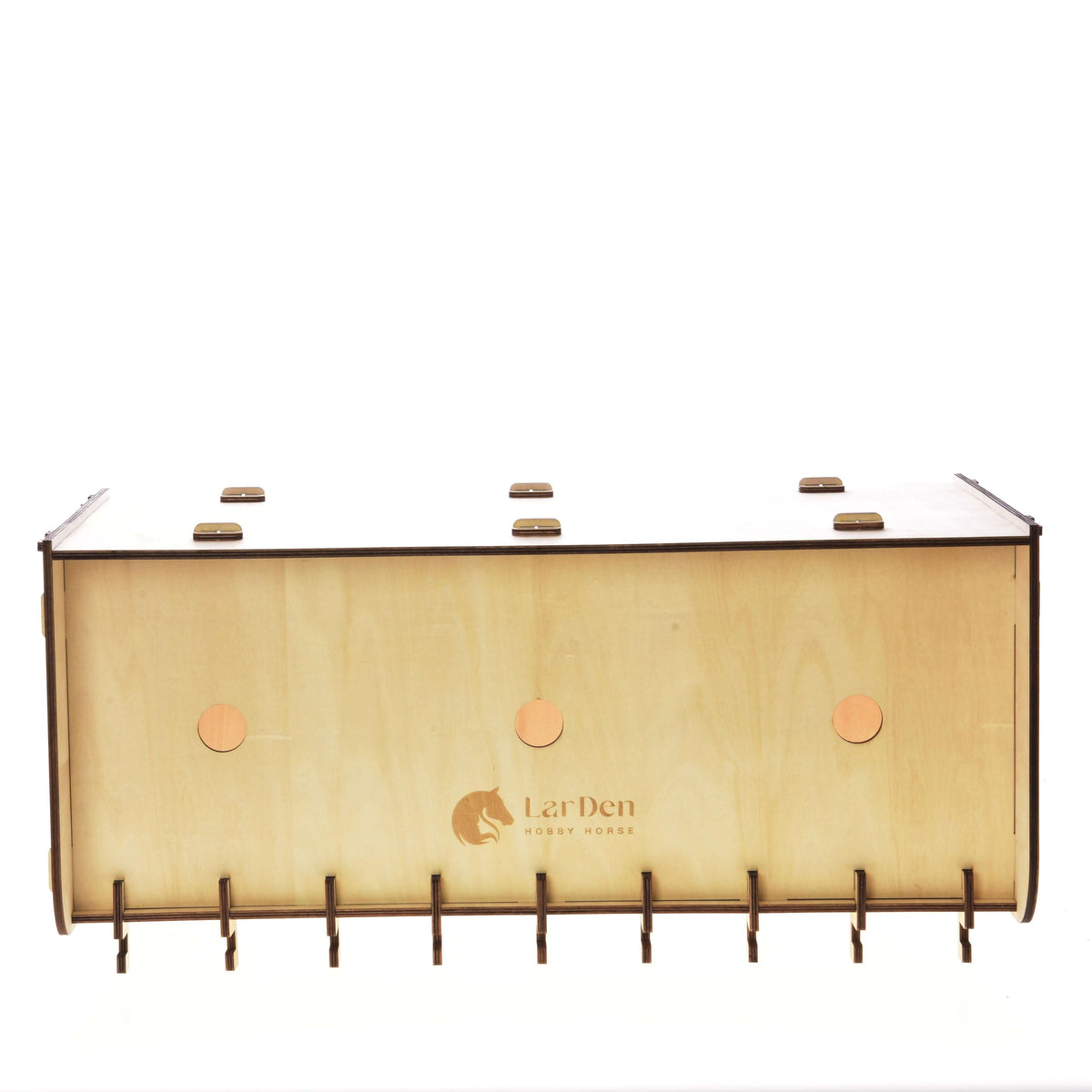 The Hobby Horse LarDen Stable for 3 Hobby Horses is a rectangular plywood stand with rounded edges, side notches, circular holes, and the brand logo engraved on the side—ideal as a sturdy stable against a white background.