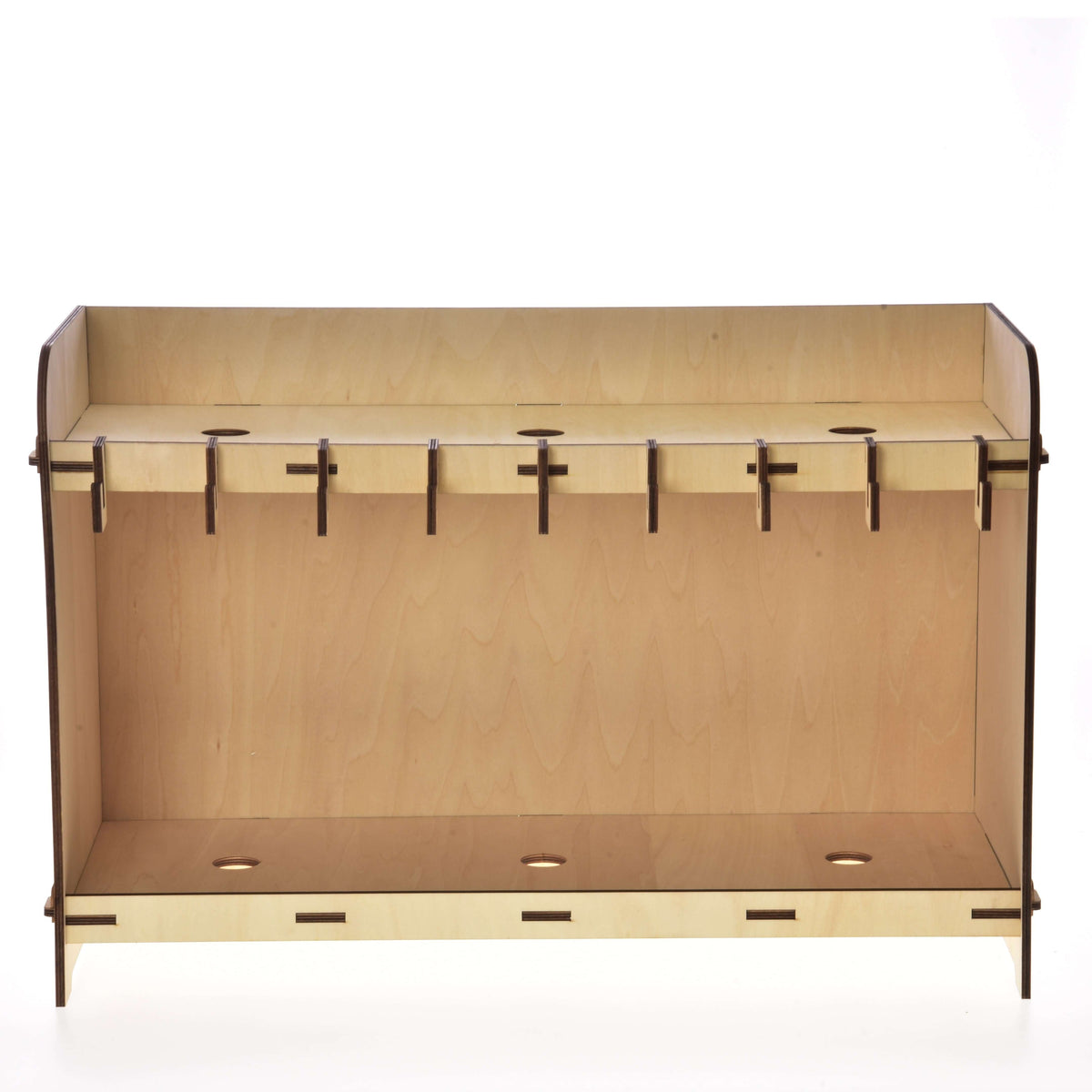 The Hobby Horse LarDen Stable for 3 Hobby Horses is a plywood rack with hooks and slots, a light natural finish, flat base with circular holes, and an open front—perfect for organizing or hanging items.