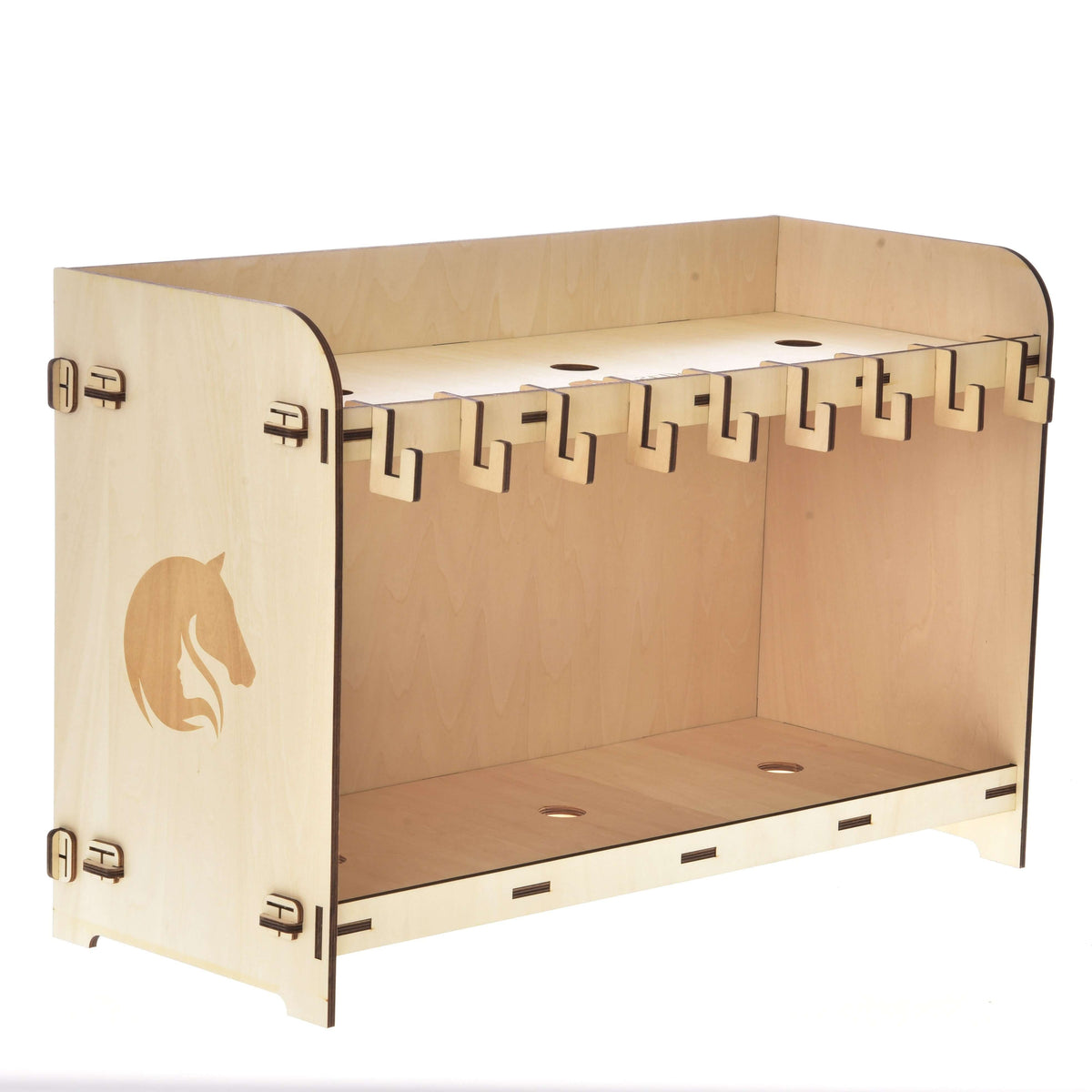 The Hobby Horse LarDen "Stable for 3 Hobby Horses" is a wooden plywood stand with multiple hooks, slots, and a horse head silhouette—perfect for neatly organizing riding gear or tools in any hobby horse stable.