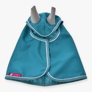 Hobby Horse Raincoat Turquoise by LarDen with turquoise fabric, glittery trim and white piping