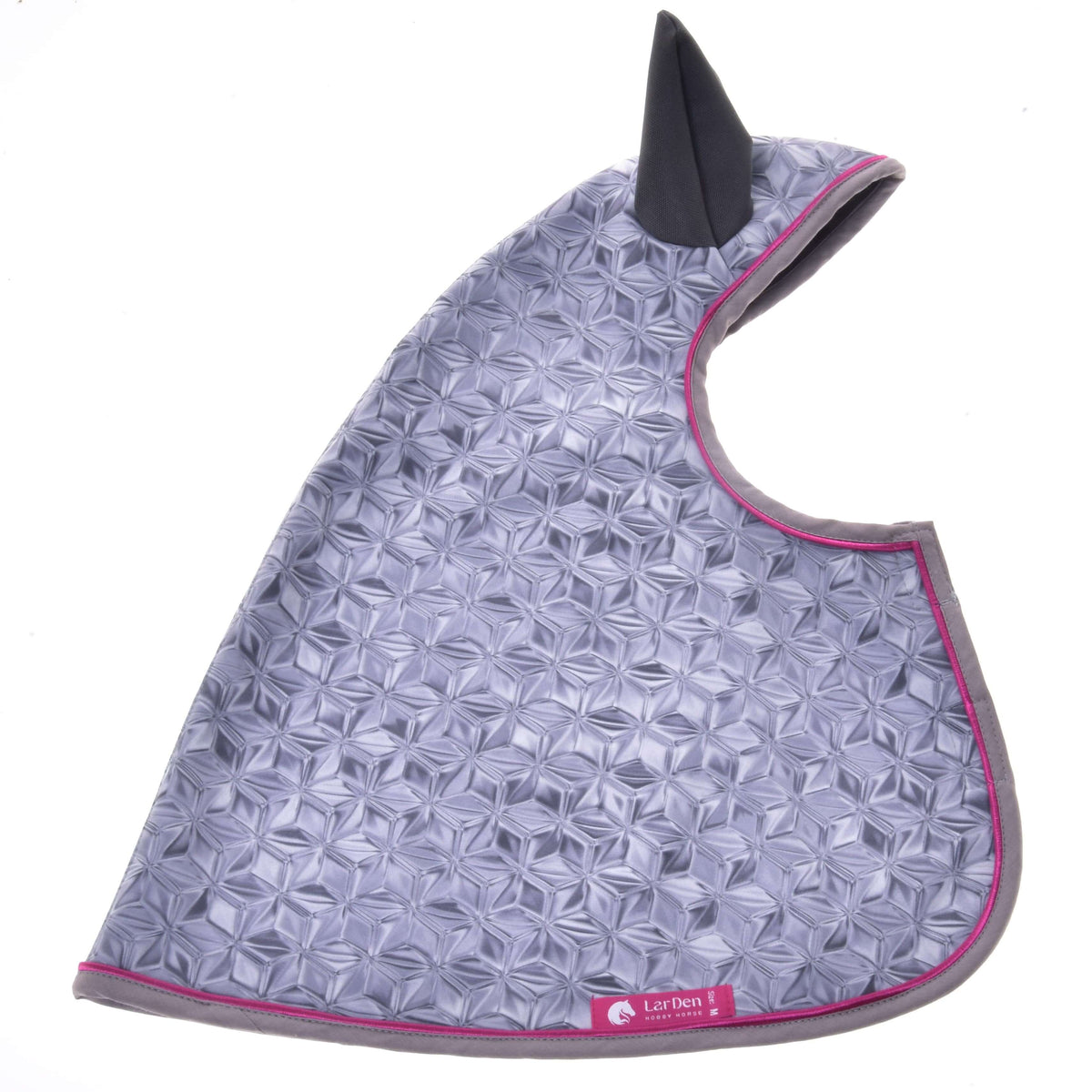 Raincoat Valentine laid flat in its grey geometric print, with one dark grey ear, pink piping and the pink LarDen label