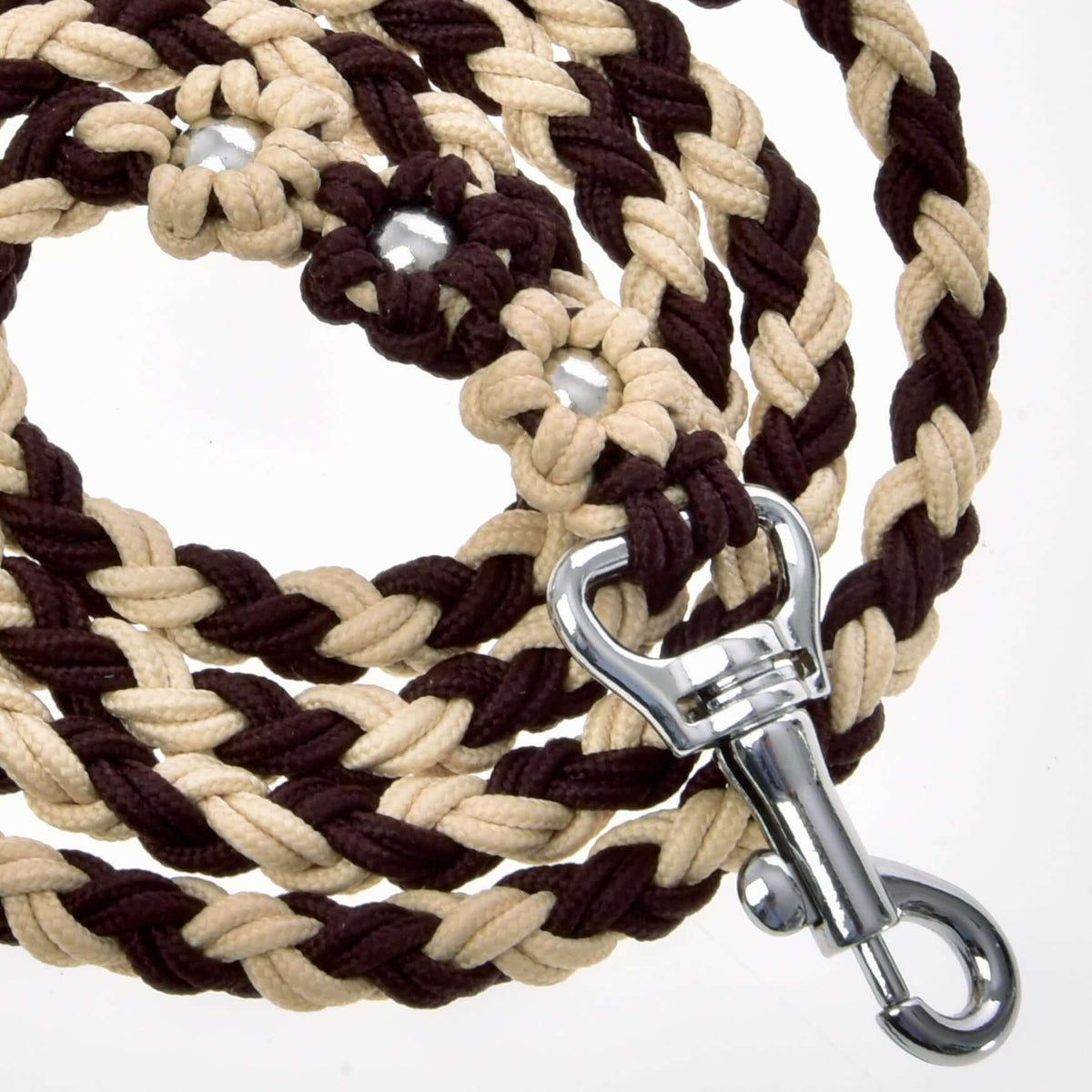 The Hobby Horse LarDen Lead Rope Bloom Brown features coiled, braided tan and brown strands with a shiny metal clasp, ideal for leading or lunging, shown on a white background.