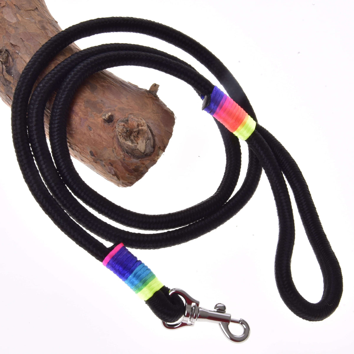Hobby Horse Lead Rope Rainbow by LarDen, a black rope with neon rainbow thread wraps, hand loop and silver snap hook