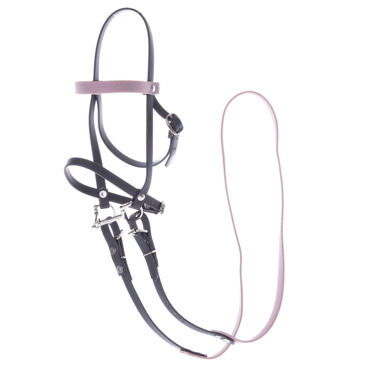 The Hobby Horse LarDen complete leatherette bridle in grey features a pink headband and metal buckles and rings, arranged neatly on a white background.