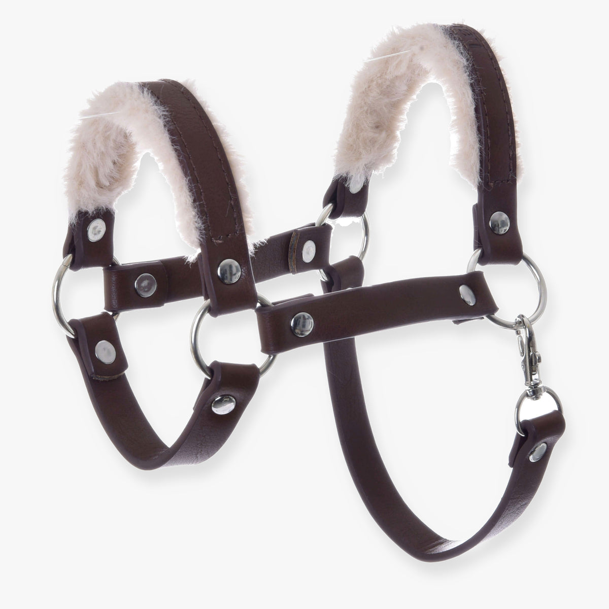 The Hobby Horse LarDen Halter with fur - leatherette Walnut features brown leatherette with metal buckles and rings, plus soft beige fleece on the noseband and crownpiece for comfort—an ideal stylish halter for hobby horses.