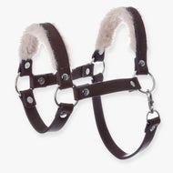 The Hobby Horse LarDen Halter with fur - leatherette Walnut features brown leatherette with metal buckles and rings, plus soft beige fleece on the noseband and crownpiece for comfort—an ideal stylish halter for hobby horses.