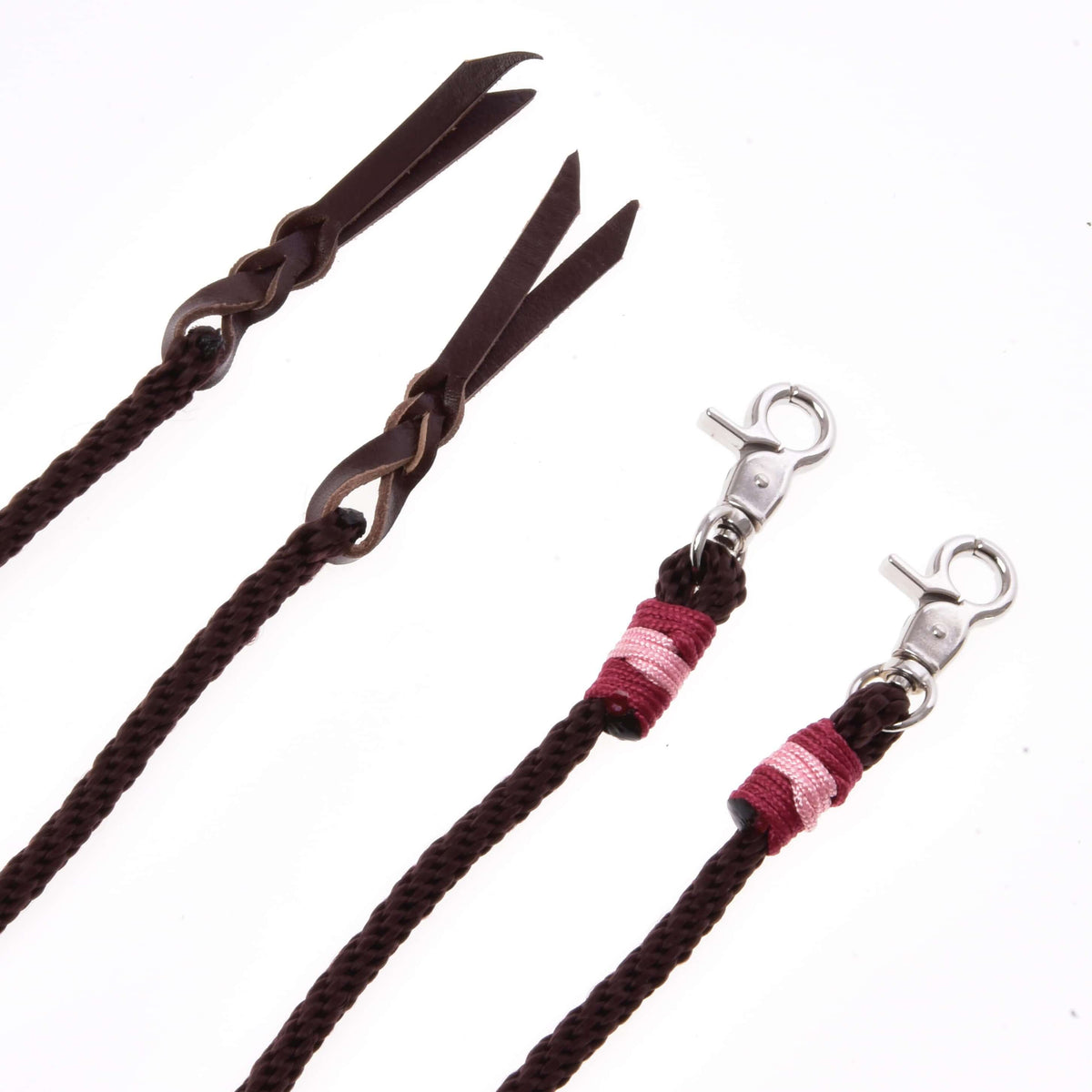 Both ends of Split Western Reins Kansas: silver snap hooks with burgundy and pink wraps and knotted leather poppers