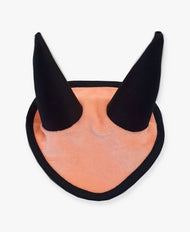 The Hobby Horse LarDen Ear Bonnet Peach features soft, peach fabric with two tall, pointed black horns outlined in black—adding character and playful fly protection to your hobby horse.