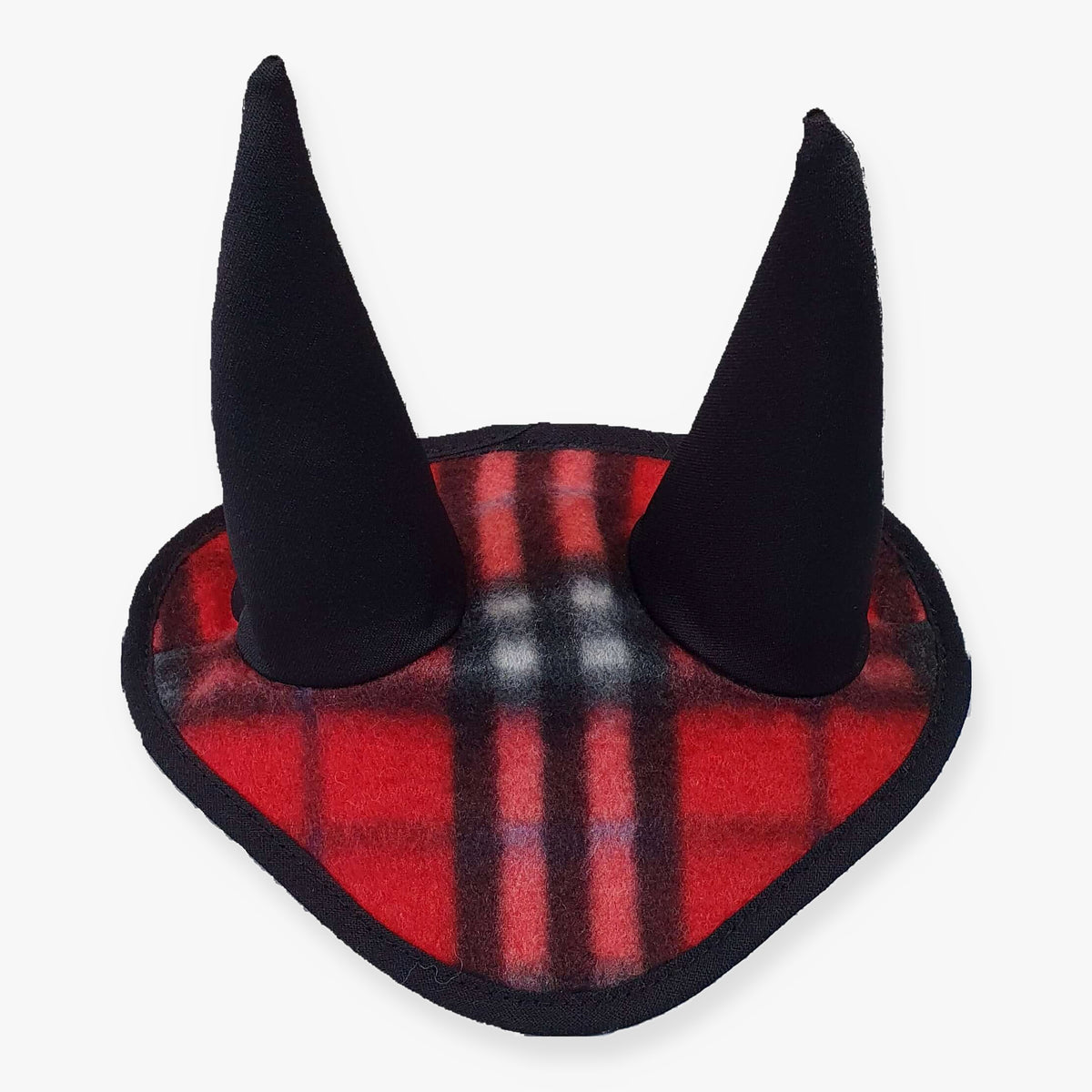 LarDen Hobby Horse Ear bonnet checkered red in red tartan fleece with black trim and black ear covers