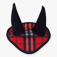 The Hobby Horse LarDen Ear Bonnet Checkered Red (fleece), size M, features red and black plaid fabric with two soft black horns—adding playful style and novelty insect protection for your hobby horse costume.