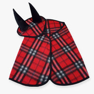 The Set checkered red fleece (Ear bonnet + blanket) in size M from Hobby Horse LarDen features a red and black plaid design with black trim and two tall black horns, displayed flat on a white background.