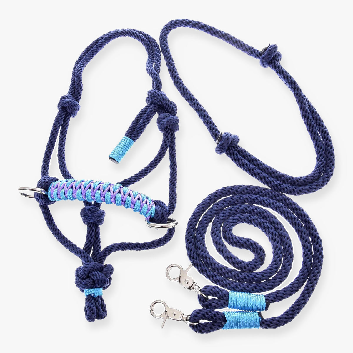 Hobby Horse Rope set Dark Blue by LarDen with navy rope halter, turquoise and lilac braid, and lead