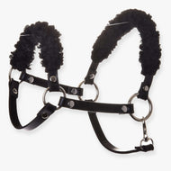 The Hobby Horse LarDen Black halter with black fur - leatherette features metal rings and buckles plus soft, padded fleece on the noseband and crownpiece for comfort—perfect for both hobby horses and real horses.