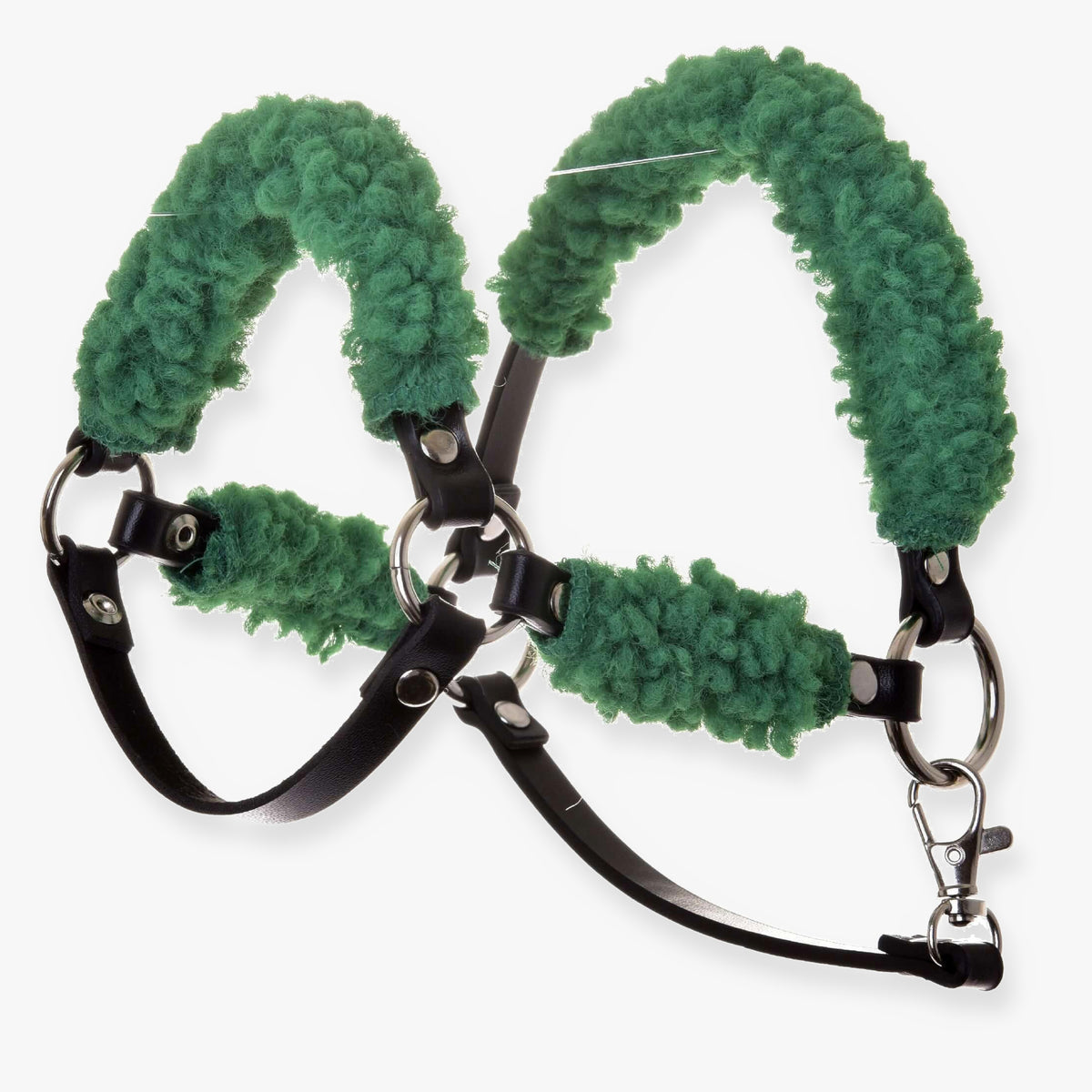 The Hobby Horse LarDen black halter with complete green fur features leatherette material, fleece-like padding on the noseband, cheekpieces, and crownpiece, plus metal rings and buckles for easy adjustments—ideal for horses or as a hobby horse halter.