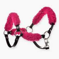 The Hobby Horse LarDen Black halter with complete pink fur—crafted from leatherette—features bright pink fluffy padding and metal hardware, making it a stylish choice for your hobby horse.